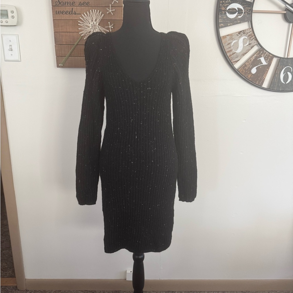 Sz S Max Studio black v neck,long sleeve, wool blend sweater dress NWT 🐸